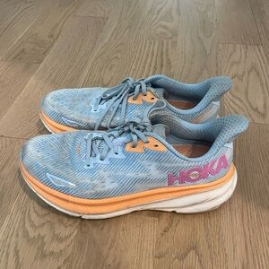 Hoka Clifton Sky Blue and Peach Athletic Shoes